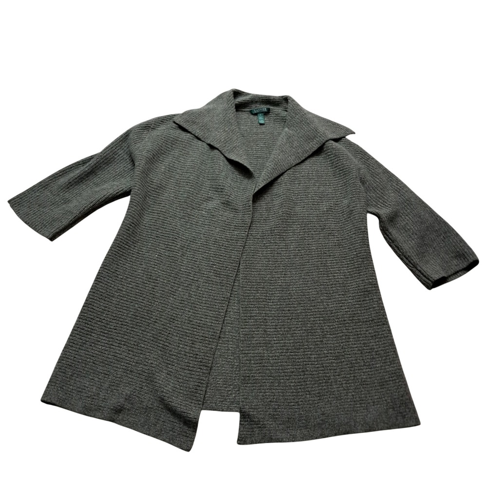 Lauren Ralph Lauren Cardigan Womens XL Green Open Front Ribbed Wool Angora Blend